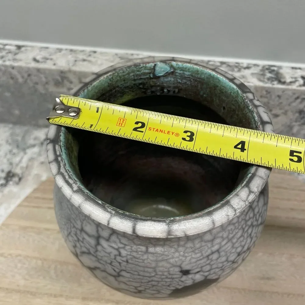 Hand Crafted Studio Pottery Signed PAM Raku Crackles Glaze  Black Gray Vase